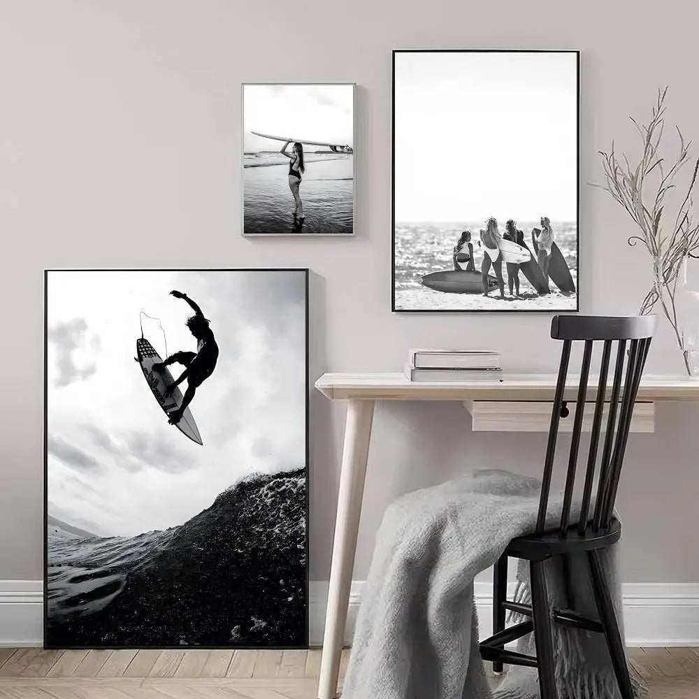 Black White Surfer Beach Surfboard Hawaii Girl Vintage Posters Sticky Whitepaper Prints Posters Artwork Posters Wall Stickers