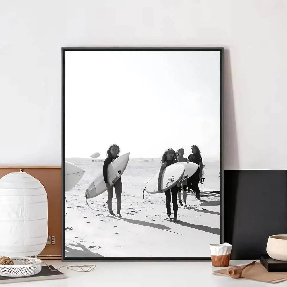 Black White Surfer Beach Surfboard Hawaii Girl Vintage Posters Sticky Whitepaper Prints Posters Artwork Posters Wall Stickers