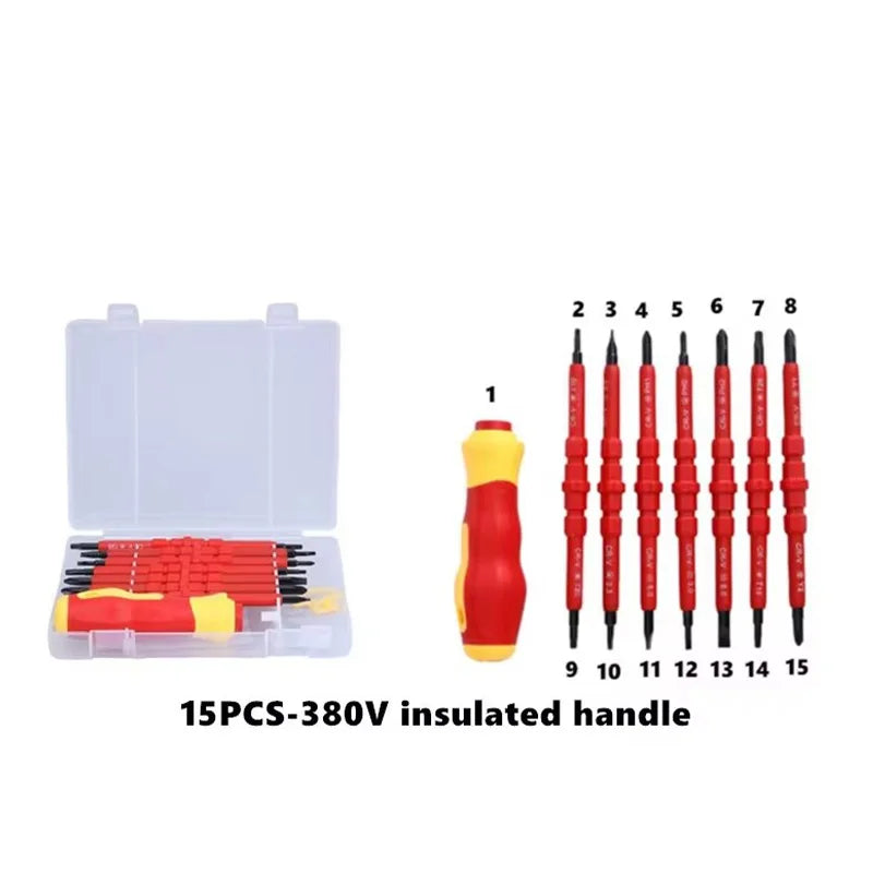 Electrician Repair Tools Kit 15pcs 1000V Changeable Insulated Screwdrivers Set with Magnetic Slotted Phillips Pozidriv Torx Bits