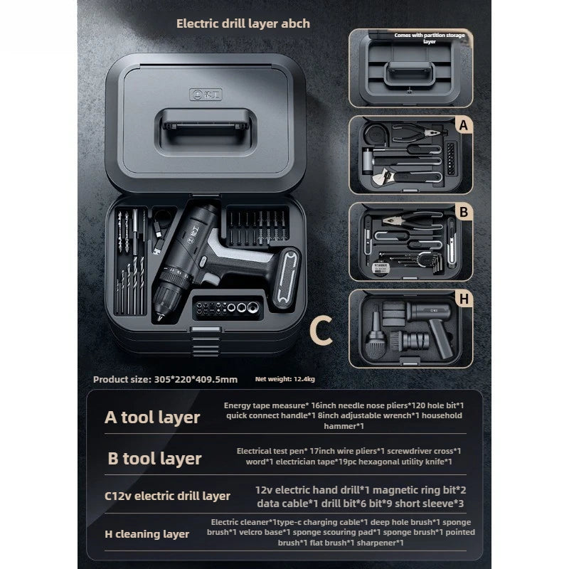 Electric Drill Tool Set Complete Repair Toolkit Electric Hardware Household Recharged Combination Tools Set Luxury Gift Box Kit