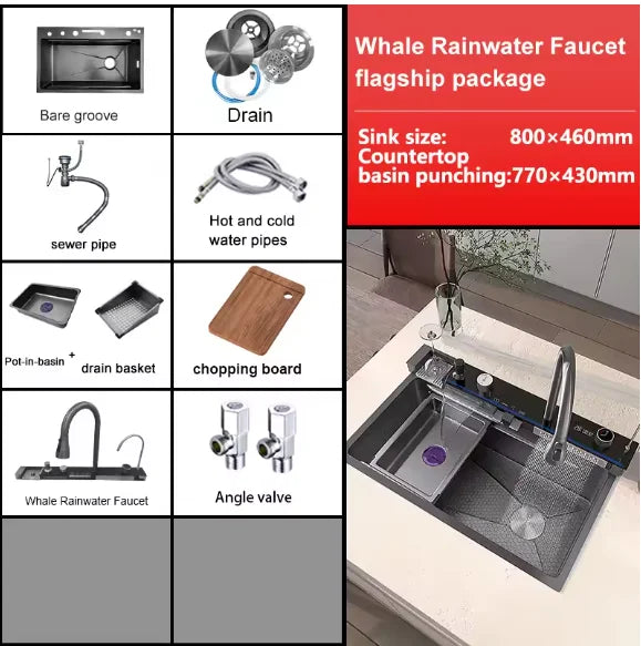 Smart Multifunction Piano Key Waterfall Large Sink 304 Stainless Steel Home Kitchen Sink with Dish Drying Holder