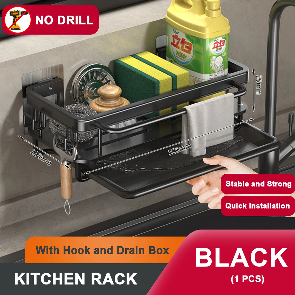 Kitchen Sink Drain Rack With Tray Aluminum Sink Shelf Soap Sponge Holder Dishcloth Towel Rack filter basket