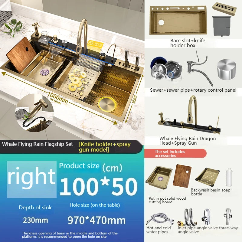 Stainless Steel New Waterfall Kitchen Sink Digital Display Dishwashing Sinks With Draining Rack Embossed Extra Large Single Slot