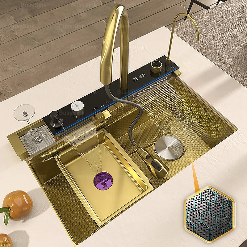 Stainless Steel Waterfall Kitchen Sink Extra Large Single Bowl Digital Display Multifunctional Dishwashing sinks