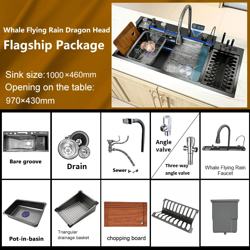 Stainless Steel New Waterfall Kitchen Sink Digital Display Dishwashing Sinks With Draining Rack Embossed Extra Large Single Slot