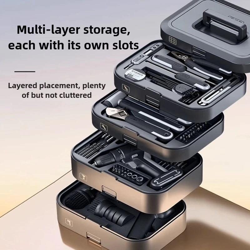 Electric Drill Tool Set Complete Repair Toolkit Electric Hardware Household Recharged Combination Tools Set Luxury Gift Box Kit
