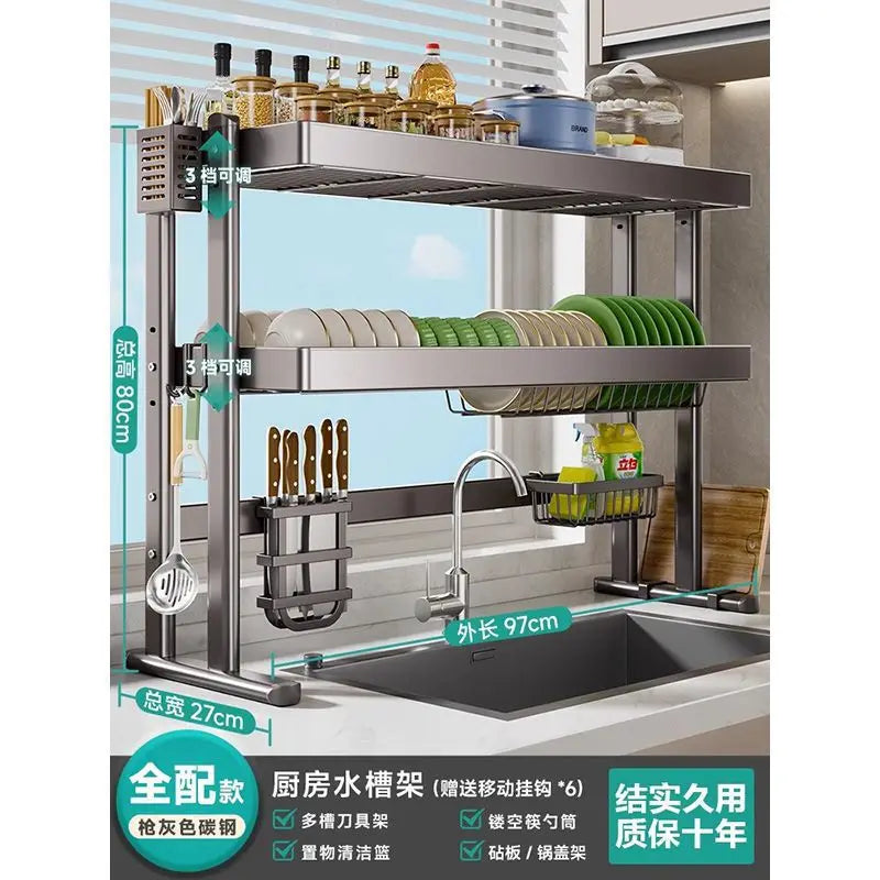 Over-the-Sink Dish Drying Rack Kitchen Sink Organizer Multifunctional Dishware Storage Shelf Space-Saving Plate and Bowl Holder