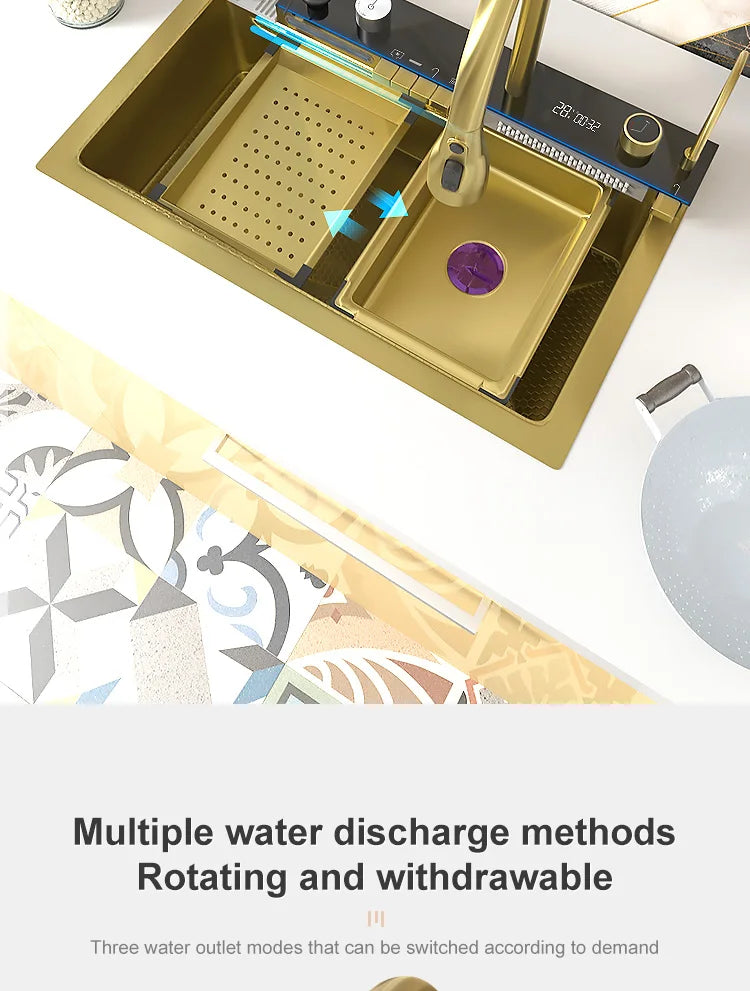 Stainless Steel Waterfall Kitchen Sink Digital Display Large Single Slot Dishwashing Sinks Overseas Warehouse Shipping