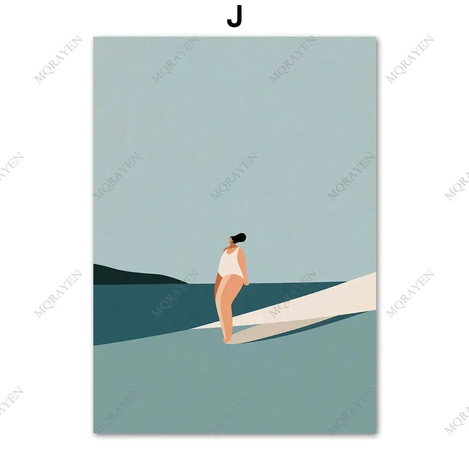 Surf Skateboard Tanning Seaside Vacation Posters Prints Canvas Painting Beach Bohemia Girl Wall Art Pictures Living Room Decor