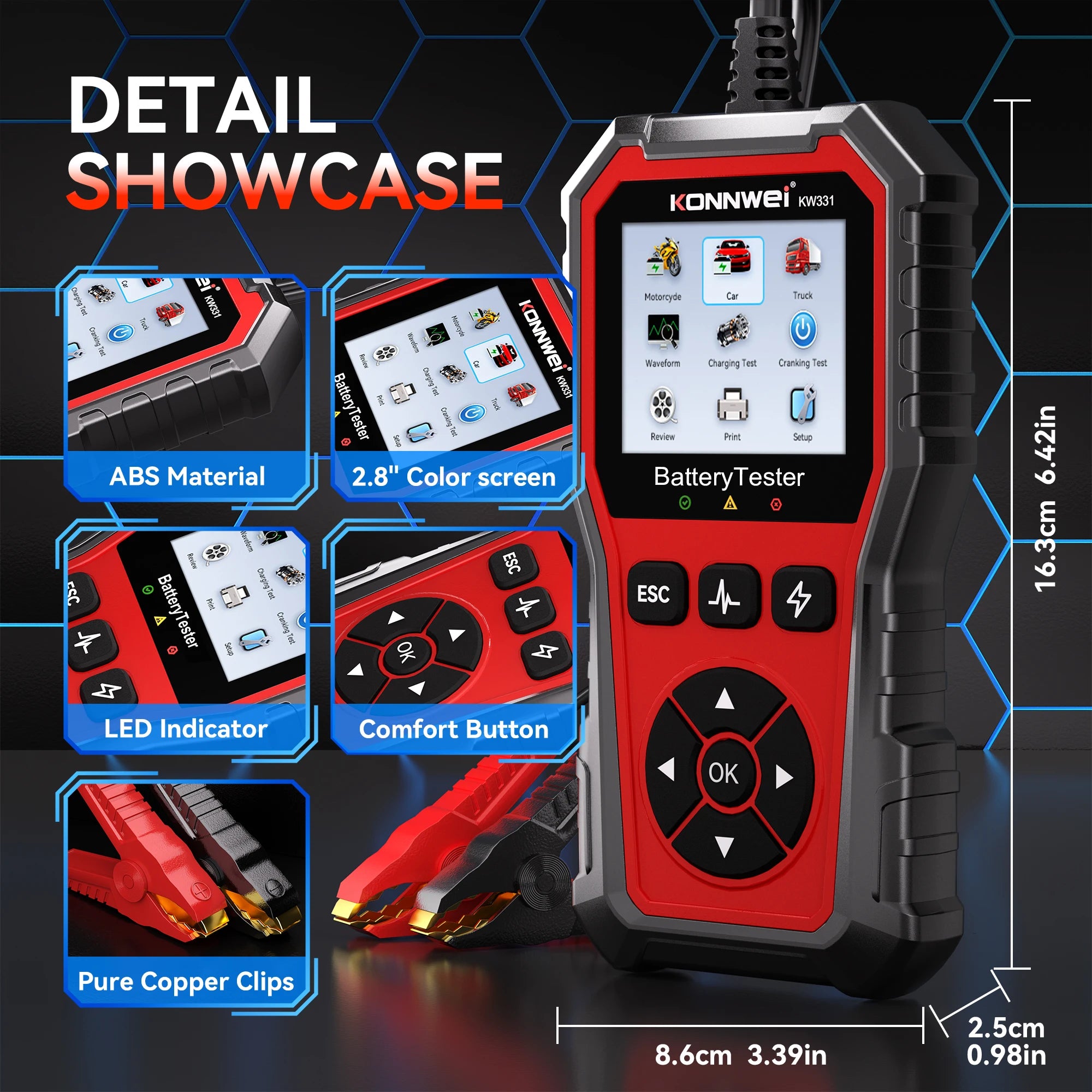 2025 KONNWEi Car Battery Tester Fault Code Clearance Battery Information Monitoring Startup Test Car Battery Charging Scan Tool