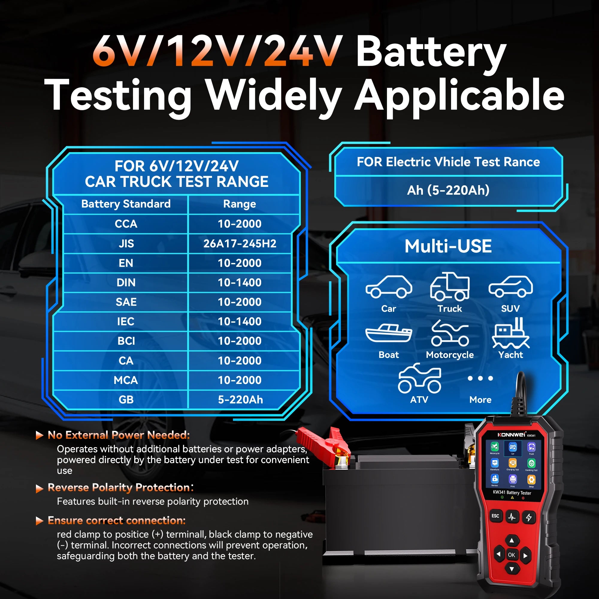 2026 KONNWEI KW341 Car Moto Truck Battery Tester 6V12V 24V Fault Data Printing Start Voltage Test Car Battery Charging Scan Tool