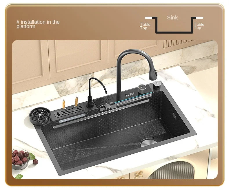 Smart Multifunction Piano Key Waterfall Large Sink 304 Stainless Steel Home Kitchen Sink with Dish Drying Holder