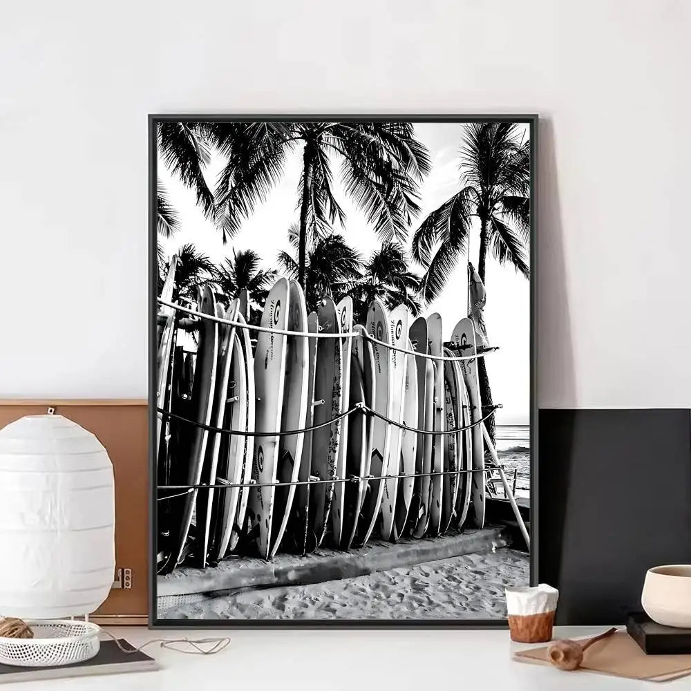 Black White Surfer Beach Surfboard Hawaii Girl Vintage Posters Sticky Whitepaper Prints Posters Artwork Posters Wall Stickers