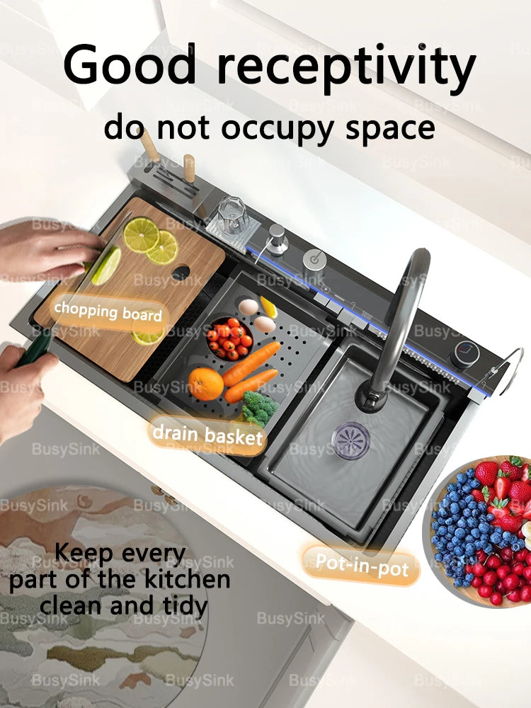 Stainless Steel Waterfall Kitchen Sink Digital Display Large Single Slot Dishwashing Sinks Overseas Warehouse Shipping