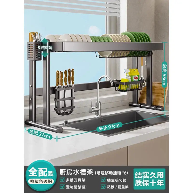 Over-the-Sink Dish Drying Rack Kitchen Sink Organizer Multifunctional Dishware Storage Shelf Space-Saving Plate and Bowl Holder