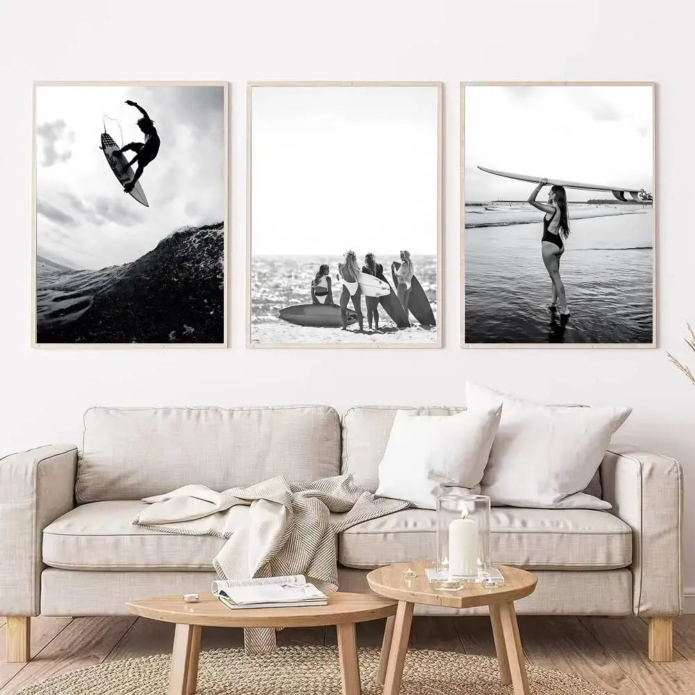 Black White Surfer Beach Surfboard Hawaii Girl Vintage Posters Sticky Whitepaper Prints Posters Artwork Posters Wall Stickers