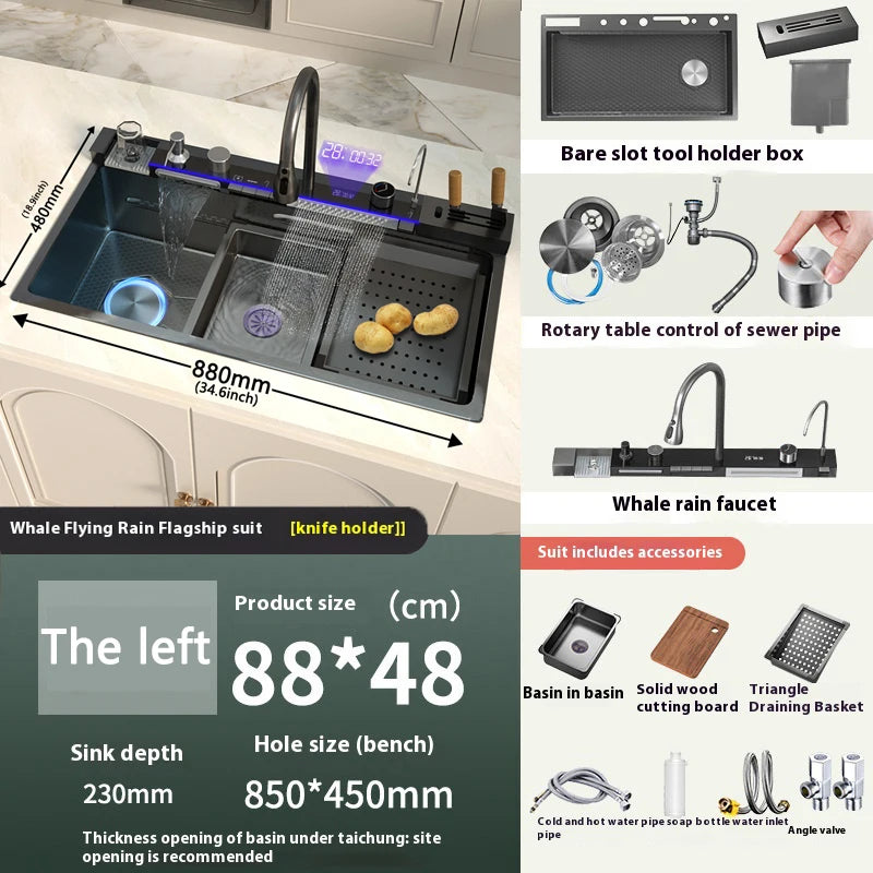 Stainless Steel Waterfall Kitchen Sink Digital Display Large Single Slot Dishwashing Sinks Overseas Warehouse Shipping