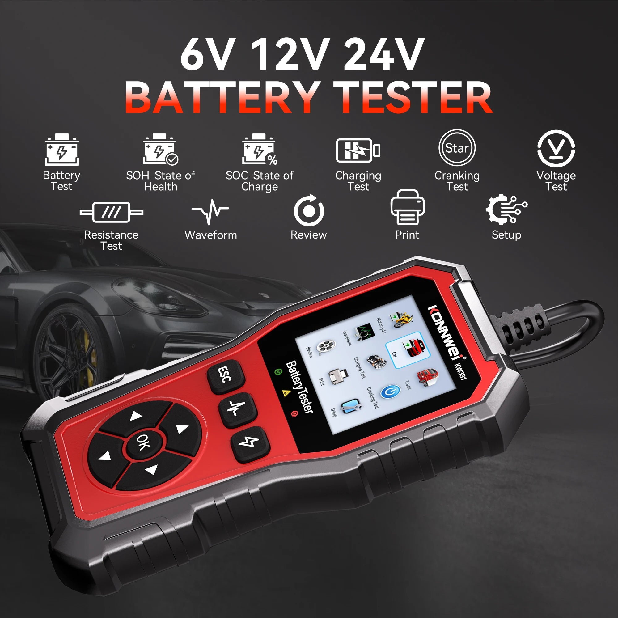 2025 KONNWEi Car Battery Tester Fault Code Clearance Battery Information Monitoring Startup Test Car Battery Charging Scan Tool