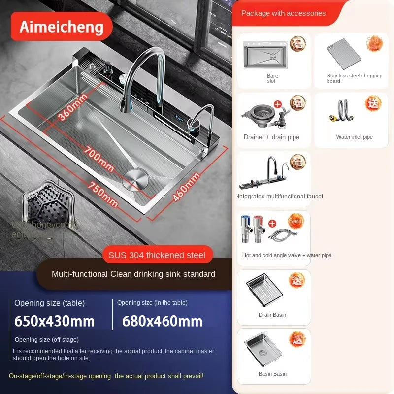 Stainless Steel Kitchen Sink with Faucet Digital Display Large Single Bowl Waterfall Rain 5 Functions System Dish Basin Sink