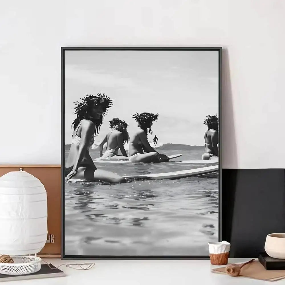 Black White Surfer Beach Surfboard Hawaii Girl Vintage Posters Sticky Whitepaper Prints Posters Artwork Posters Wall Stickers