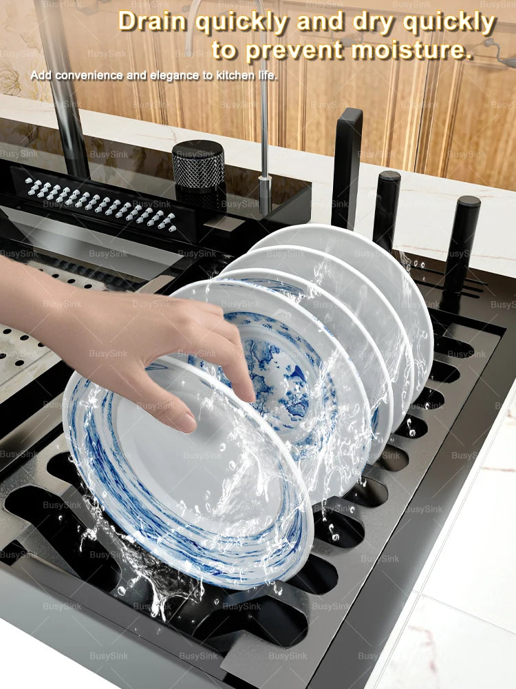 Stainless Steel New Waterfall Kitchen Sink Digital Display Dishwashing Sinks With Draining Rack Embossed Extra Large Single Slot