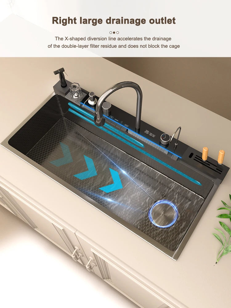 Stainless Steel Waterfall Kitchen Sink Digital Display Large Single Slot Dishwashing Sinks Overseas Warehouse Shipping