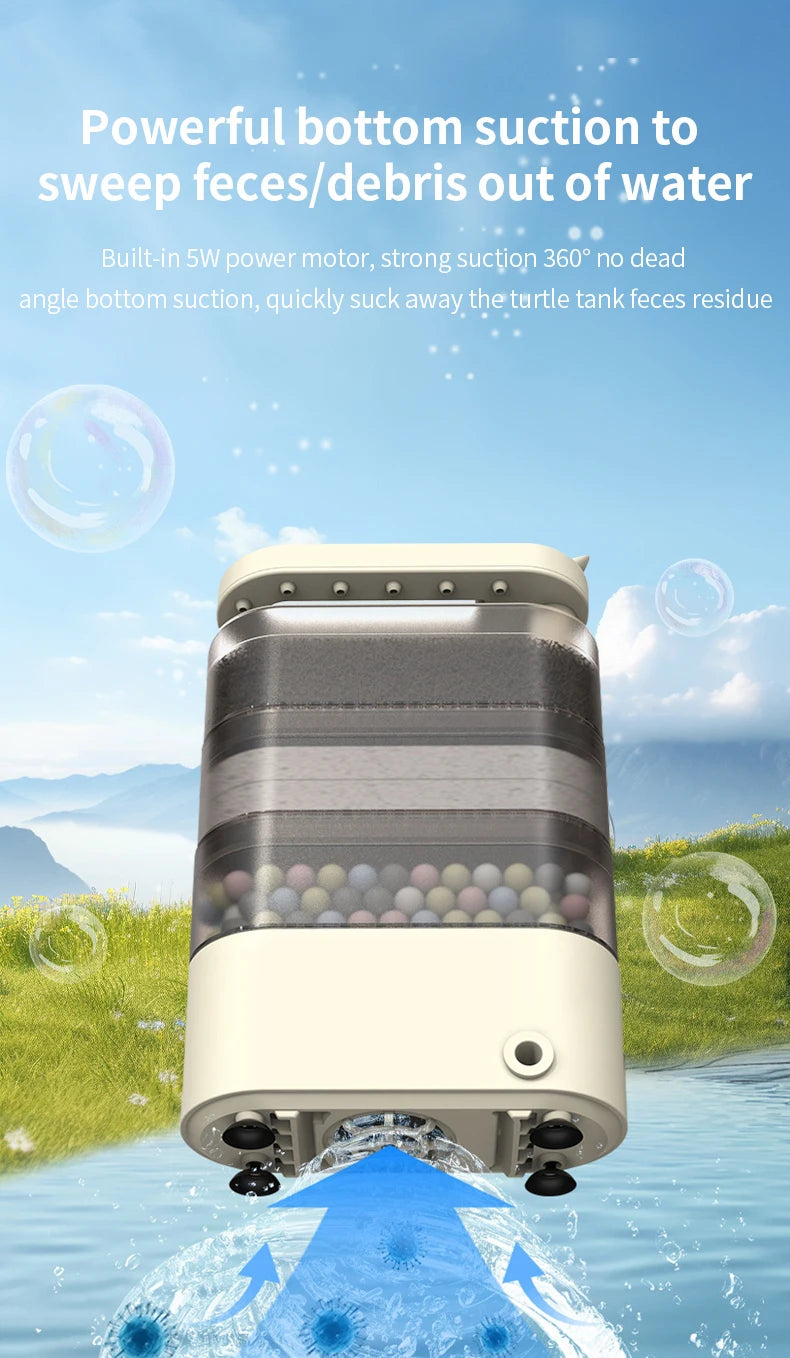 Turtle Tank Waterfall Filter Low Water 3-In-1 Suction Purification Recirculating Filter Box Fecal Clean Up