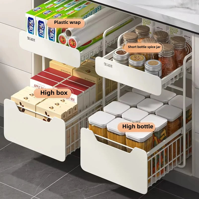 Kitchen Sink Storage Rack, Multi-Function Storage Organizer, Pot Cabinet Pull-Out Shelf, Adjustable Layer Organizer for Kitchen