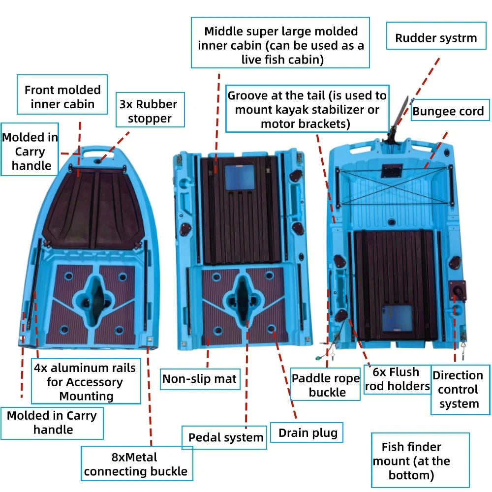 14Ft/10ft Modular Two/Single Seat Pedal Kayak, Seated Fishing Tourist Kayak, Suitable for 2 or 1 People, Three/Two Section, Roto