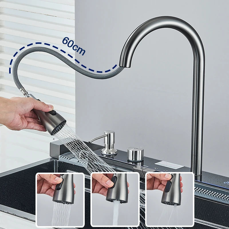 Stainless Steel Kitchen Sink with Faucet 75*45cm Large Single Bowl Digital Display Dish Basin Sink Waterfall Hot Cold Faucets