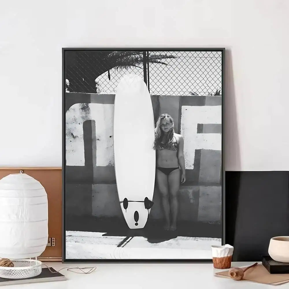 Black White Surfer Beach Surfboard Hawaii Girl Vintage Posters Sticky Whitepaper Prints Posters Artwork Posters Wall Stickers