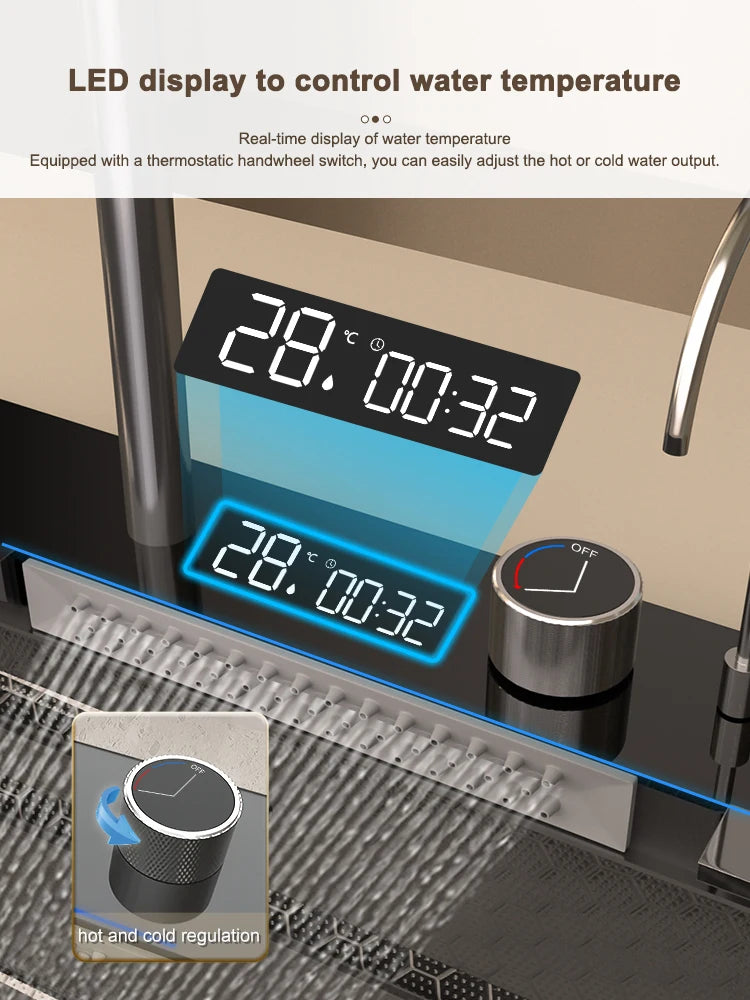 Stainless Steel Waterfall Kitchen Sink Digital Display Large Single Slot Dishwashing Sinks Overseas Warehouse Shipping