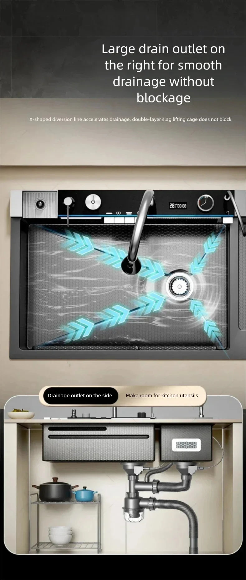 304 Stainless Steel Kitchen Sink Multifunctional Water Catalyst Purify Ingredients 100x50 Large Double Slot Wash Vegetable Basin