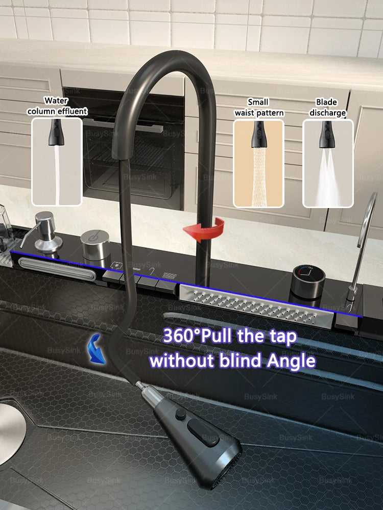 Stainless Steel Waterfall Kitchen Sink Extra Large Single Bowl Digital Display Multifunctional Dishwashing sinks