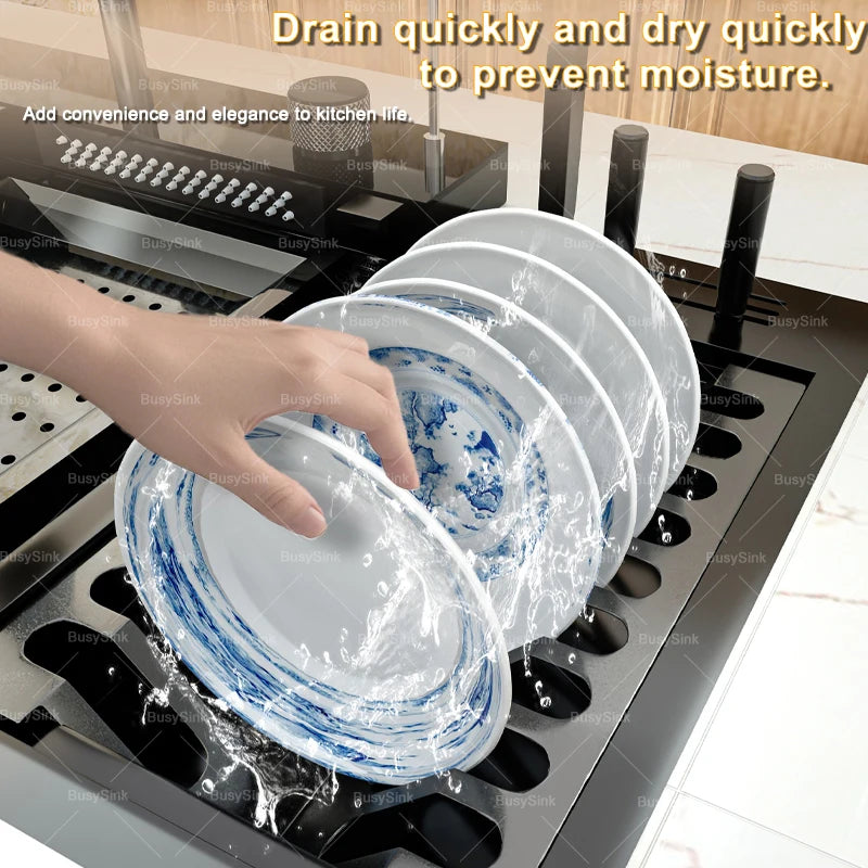 Stainless Steel New Waterfall Kitchen Sink Digital Display Dishwashing Sinks With Draining Rack Embossed Extra Large Single Slot