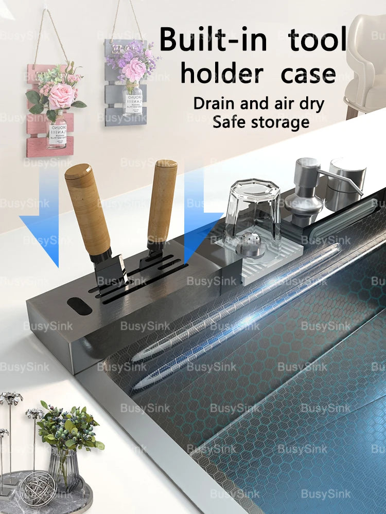 Stainless Steel Waterfall Kitchen Sink Extra Large Single Bowl Digital Display Multifunctional Dishwashing sinks