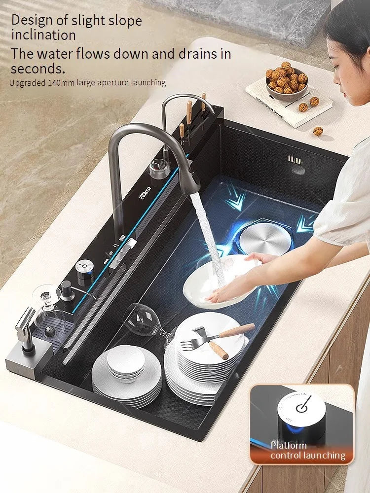 Stainless Steel Waterfall Kitchen Sink Extra Large Single Bowl Digital Display Multifunctional Dishwashing sinks