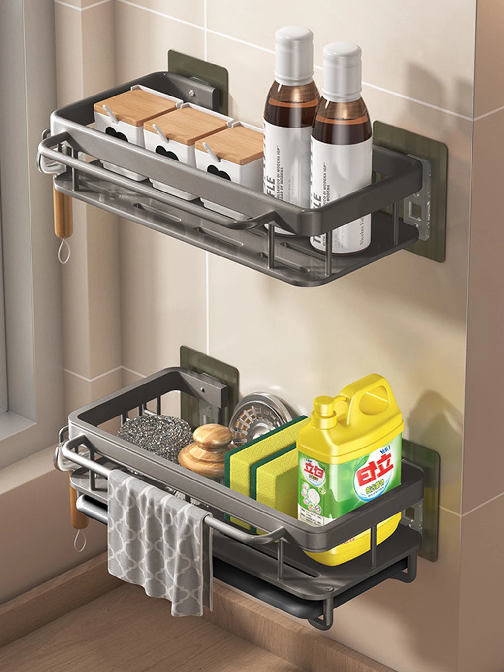 Kitchen Sink Drain Rack With Tray Aluminum Sink Shelf Soap Sponge Holder Dishcloth Towel Rack filter basket
