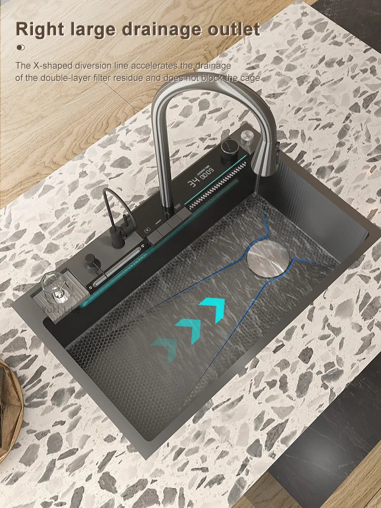 Stainless Steel Waterfall Kitchen Sink Digital Display Large Single Slot Dishwashing Sinks Overseas Warehouse Shipping