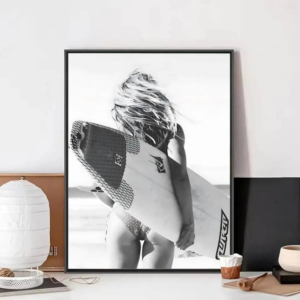 Black White Surfer Beach Surfboard Hawaii Girl Vintage Posters Sticky Whitepaper Prints Posters Artwork Posters Wall Stickers