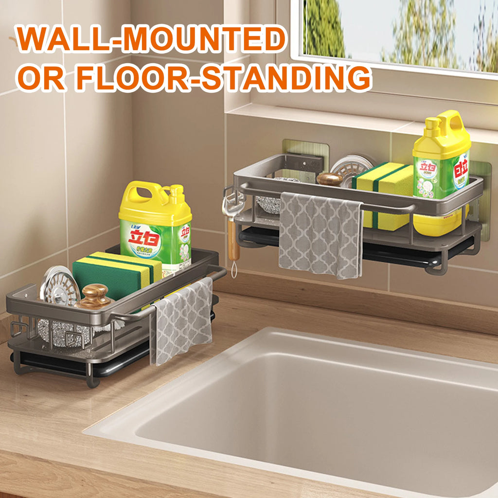 Kitchen Sink Drain Rack With Tray Aluminum Sink Shelf Soap Sponge Holder Dishcloth Towel Rack filter basket