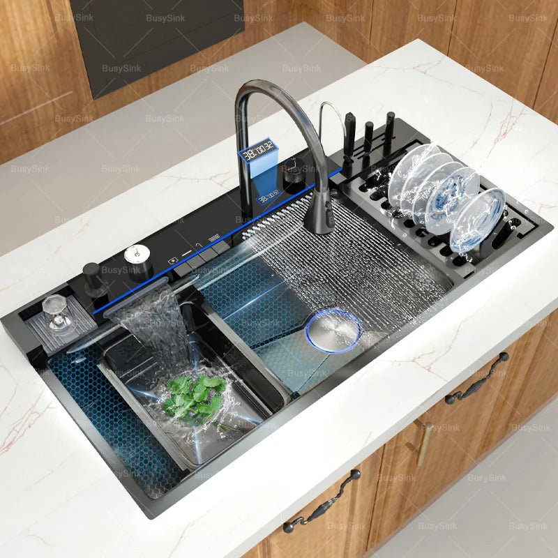 Stainless Steel New Waterfall Kitchen Sink Digital Display Dishwashing Sinks With Draining Rack Embossed Extra Large Single Slot