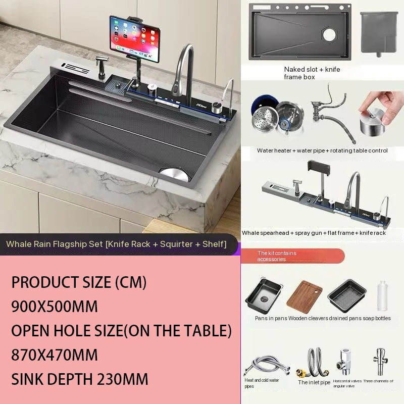 Smart Multifunction Piano Key Waterfall Large Sink 304 Stainless Steel Home Kitchen Sink with Dish Drying Holder