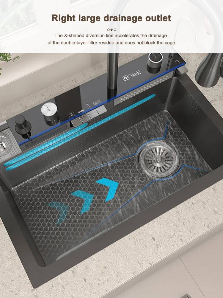 Stainless Steel Waterfall Kitchen Sink Digital Display Large Single Slot Dishwashing Sinks Overseas Warehouse Shipping