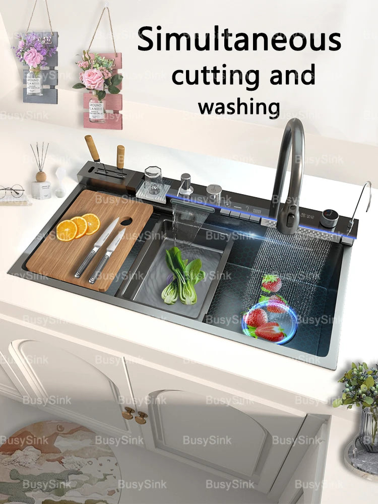 Stainless Steel Waterfall Kitchen Sink Extra Large Single Bowl Digital Display Multifunctional Dishwashing sinks