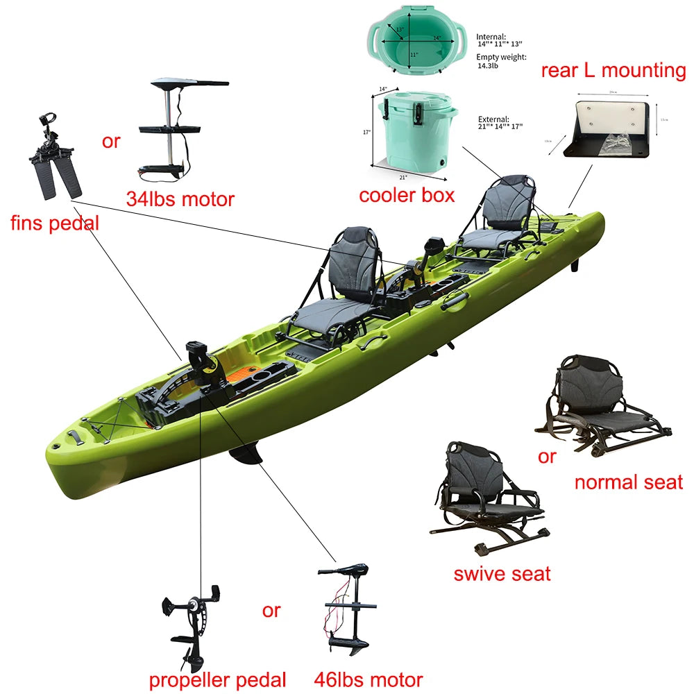 2025 Best 14FT Propeller Drive Fishing Kayak 550 LBS Modular Pedal Motor HDPE Tandem Experienced Surfing 2 Persons