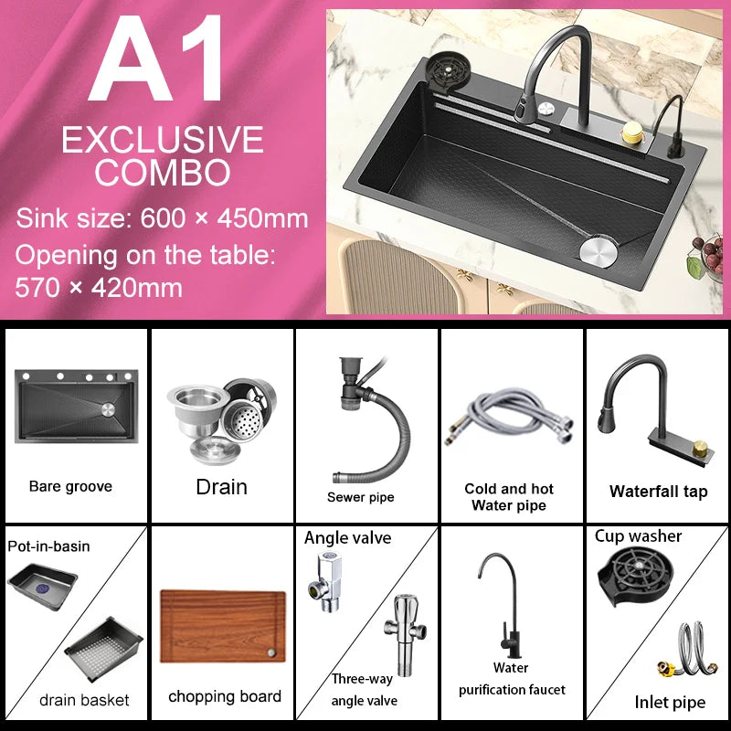 Stainless Steel New Waterfall Kitchen Sink Digital Display Dishwashing Sinks With Draining Rack Embossed Extra Large Single Slot