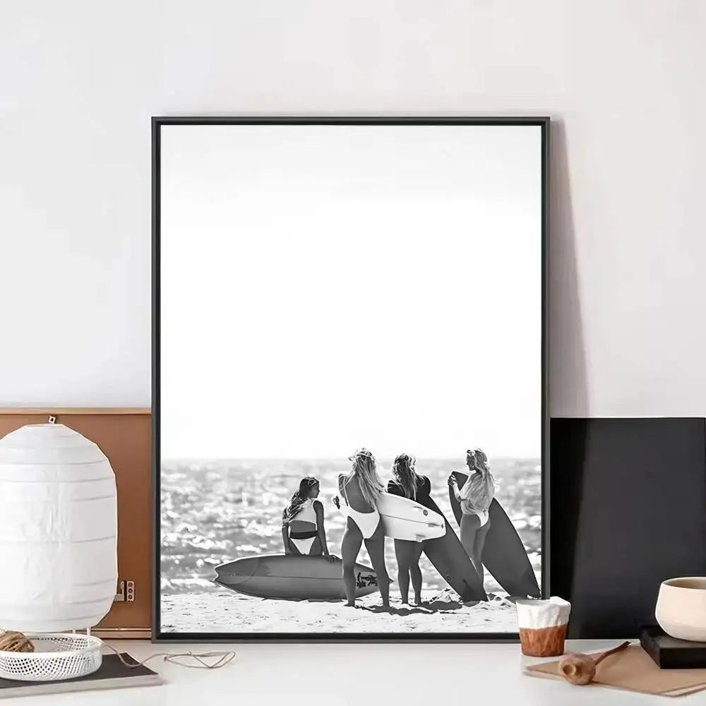 Black White Surfer Beach Surfboard Hawaii Girl Vintage Posters Sticky Whitepaper Prints Posters Artwork Posters Wall Stickers