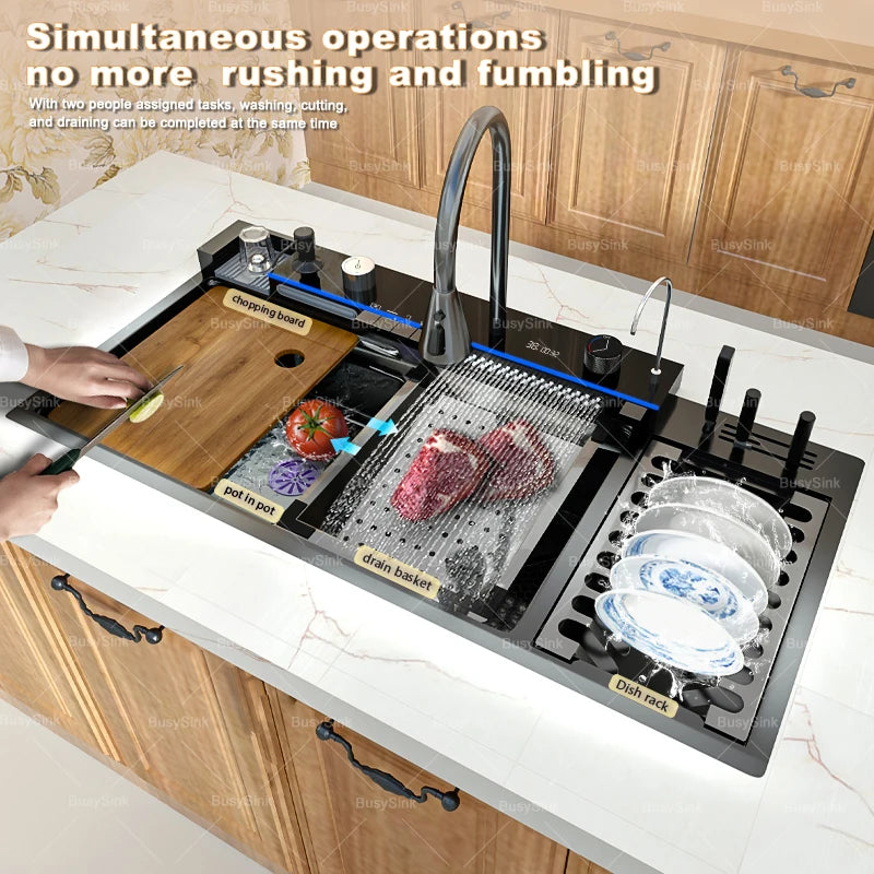 Stainless Steel New Waterfall Kitchen Sink Digital Display Dishwashing Sinks With Draining Rack Embossed Extra Large Single Slot