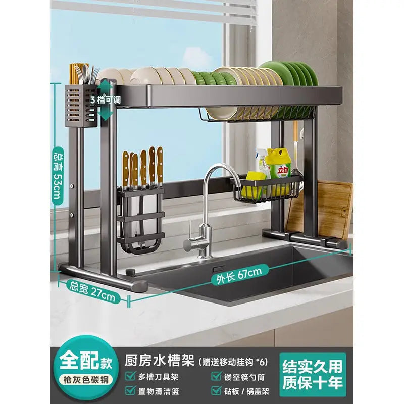 Over-the-Sink Dish Drying Rack Kitchen Sink Organizer Multifunctional Dishware Storage Shelf Space-Saving Plate and Bowl Holder